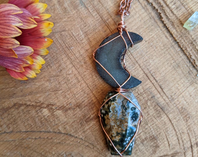 Sparkly black agate Druzy moon and ocean jasper coffin pendant, ocean jasper necklace, ocean jasper pendant, crystal moon necklace, Druzy