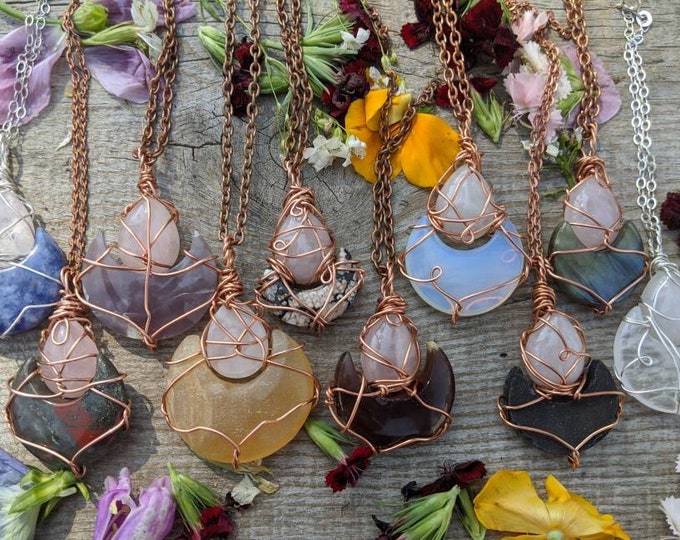 crescent moon pendant, crescent moon crystal combination pendant, rose quatz pendant, sodalite pendant, bloodstone pendant, moonstone pendan