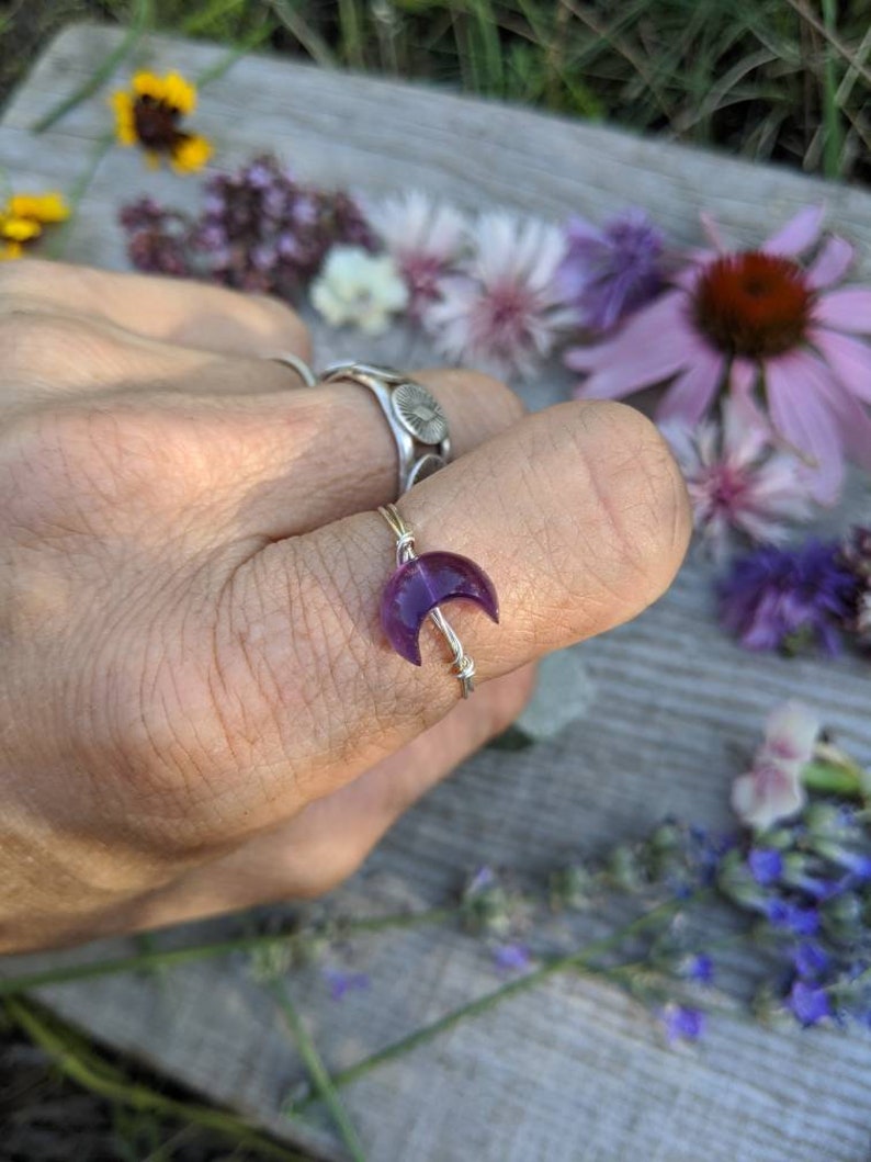 crescent moon black tourmaline crescent ring Natural crystal Crescent moon ring amethyst moon ring labradorite crescent moon ring