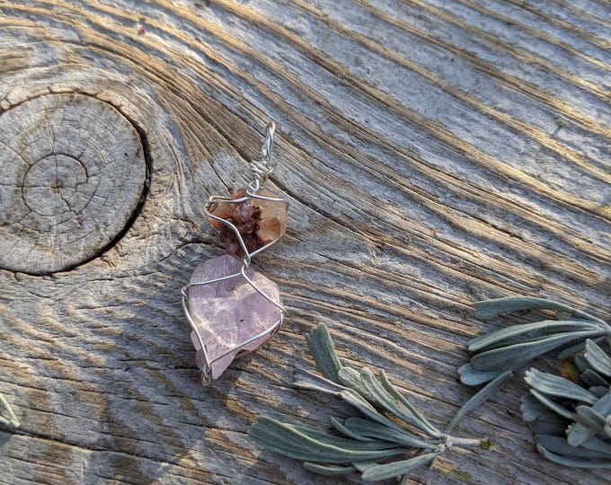 Mini aragonite and kunzite crystal pendant in sterling silver, natural red aragonite pendant, natural pink kunzite pendant, raw rough natura