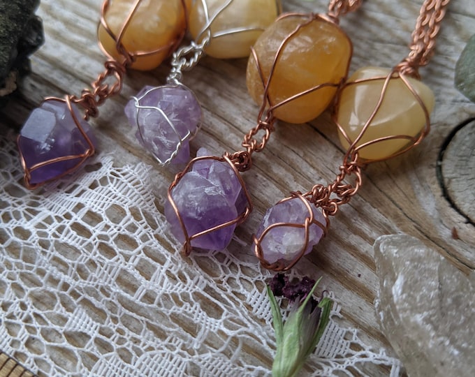 Honey Calcite and amethyst pendant, polished honey calcite necklace, yellow calcite pendant, yellow calcite necklace, natural polished honey