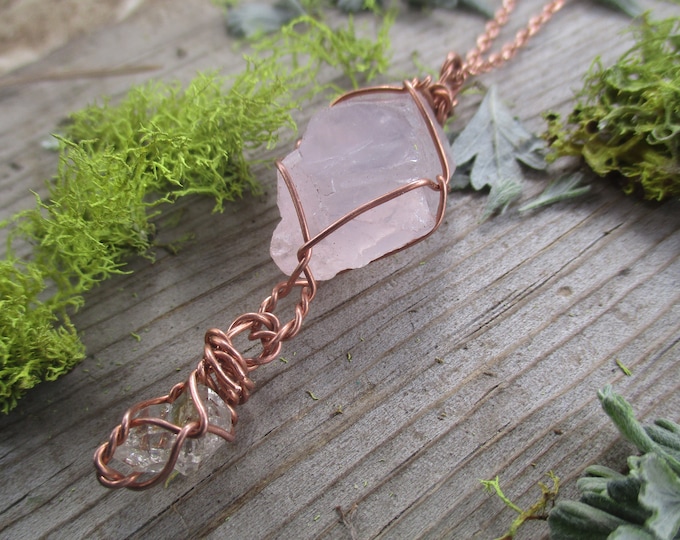 Lovely pink rose quartz and petroleum quartz diamond, rose quartz pendant, herkimer petro quartz, rose quartz necklace, rose quartz combo