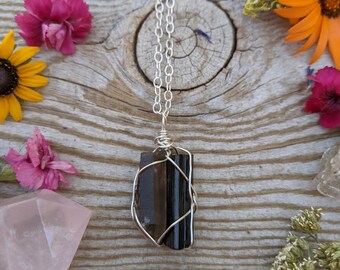 Schwarzer Turmalin und Rauchquarz Anhänger, Feinsilber Rauchquarz Kette, schwarze Turmalin Kette, schwarzer Turmalin Anhänger