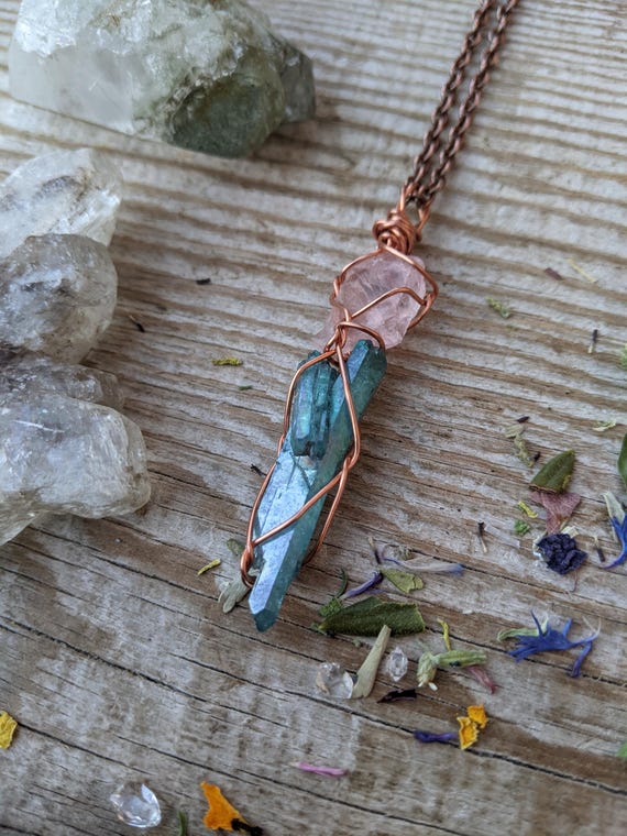 Rose Quartz and Aqua Aura Quartz Crystal Pendant in Solid Copper