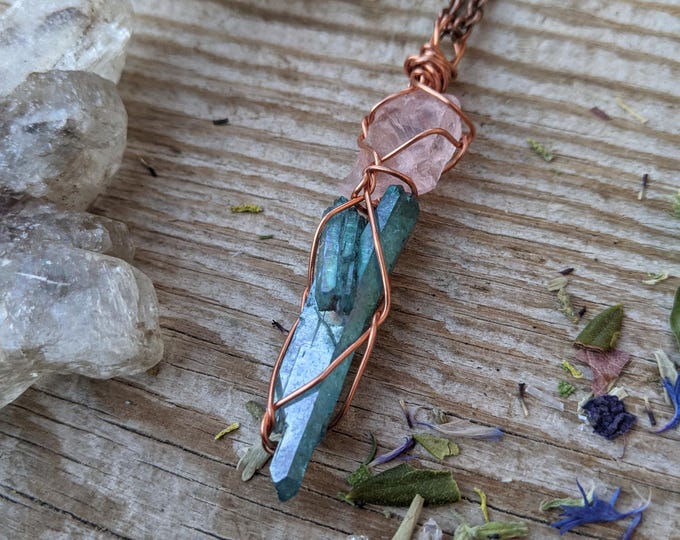 rose quartz and aqua aura quartz crystal pendant in solid copper, rose quartz pendant, aqua aura pendant, natural raw rough aqua faden quart