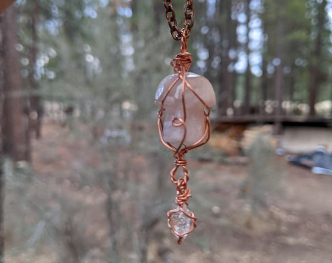 Flower agate mushroom pendant, flower agate and raw herkimer diamond drop pendant, mushroom pendant, mushroom crystal necklace, flower agate