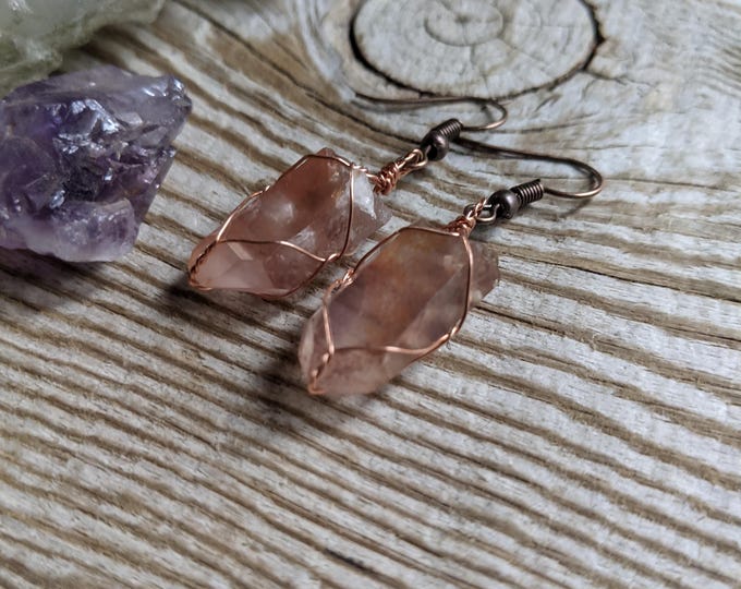 tangerine quartz crystal earrings in solid copper, copper tangerine quartz earrings, natural raw rough tangerine quartz crystal earrings