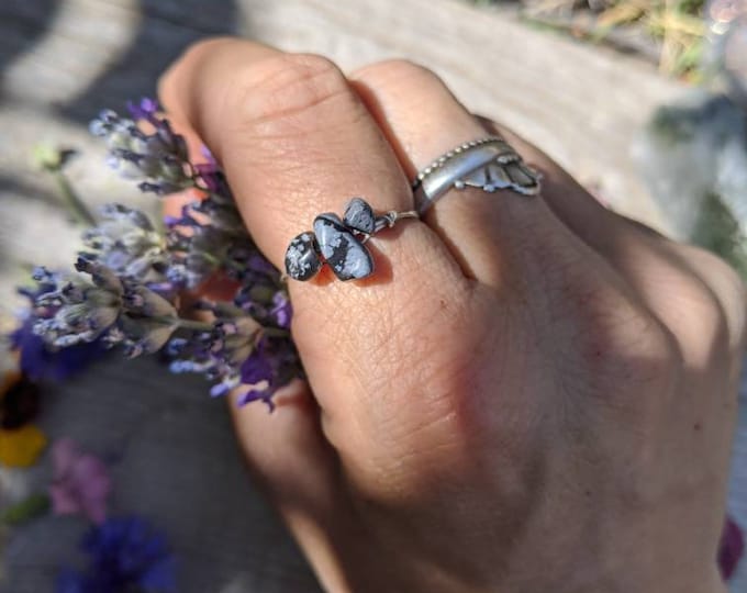 Snowflake obsidian crystal ring, made to order, bronze and sterling silver dainty natural crystal ring