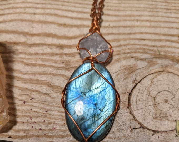 rainbow blue labradorite and celestite crystal pendant, natural blue labradorite pendant, high quality labradorite crystal necklace, raw rou