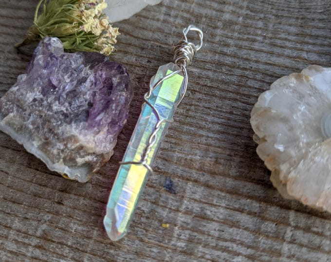 Stunning double terminated angel aura quartz crystal pendant in fine silver (.999), angel aura quartz pendant, silver quartz necklace