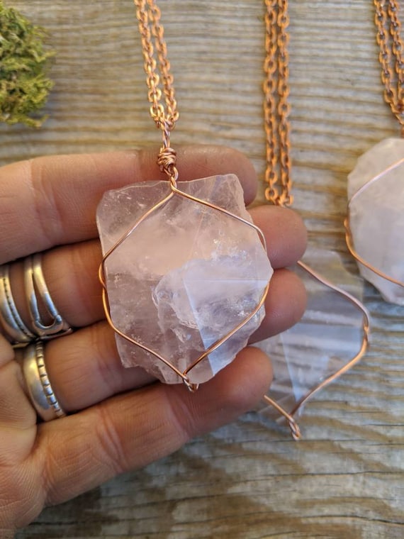 Bead Necklace Rose Quartz Necklace Raw Stone Pendant Necklace
