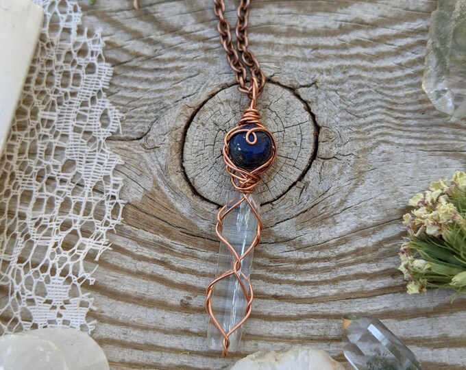 lapis lazuli and aquamarine crystal pendant, natural blue lapis pendant, natural raw rough aquamarine crystal pendant, blue raw aquamarine