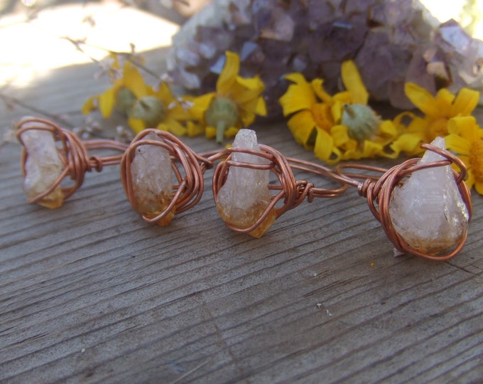 Raw citrine crystal point ring, a perfect little citrine point, copper citrine ring, wire wrapped citrine ring, sterling silver citrine