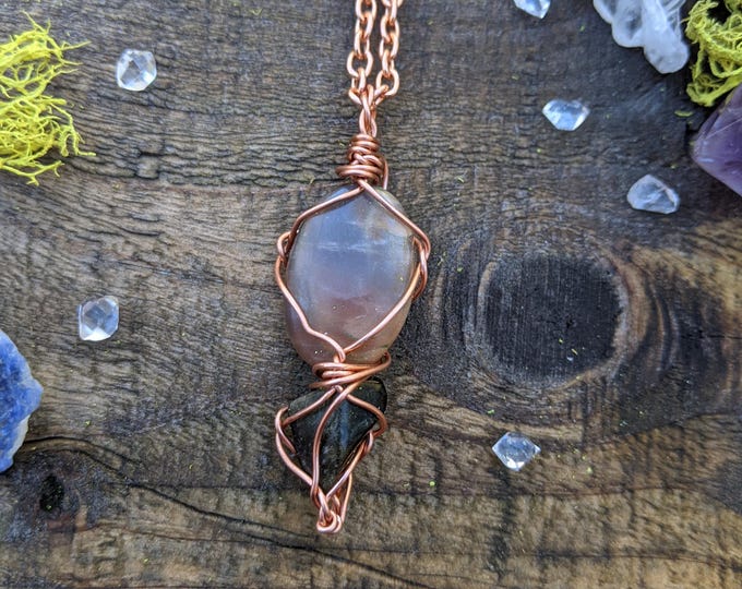 sunstone and sheen obsidian crystal pendant in solid copper, sunstone pendant, rainbow grey sunstone crystal jewelry, black sheen silver