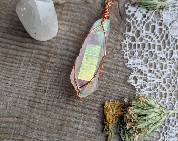 Extra Large high quality angel aura quartz crystal pendant, natural quartz bonded to gold and opal silicate, high quality angel aura, authen