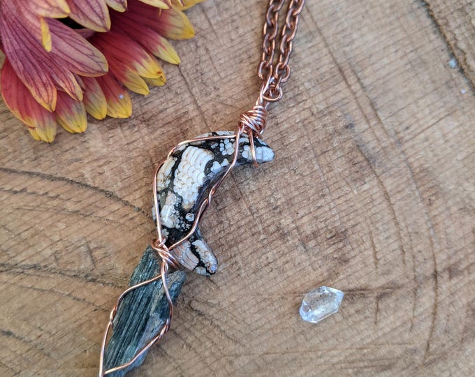 Snake skin jasper moon and blue green kyanite crystal pendant in solid copper, natural blue kyanite pendant, snake skin jasper pendant, snak