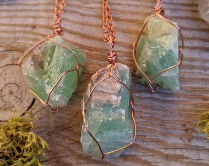 Featured listing image: extra LARGE Gemmy green calcite crystal pendant, emerald calcite crystal necklace, emerald calcite pendant, green calcite crystal necklace,