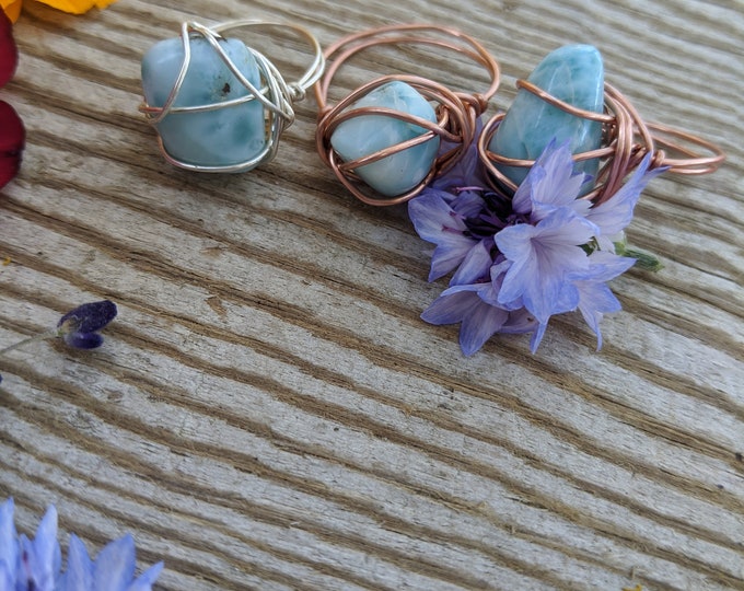 larimar ring, natural authentic larimar crystal ring, blue larimar ring, natural larimar ring, high quality crystal ring, DR larimar crystal
