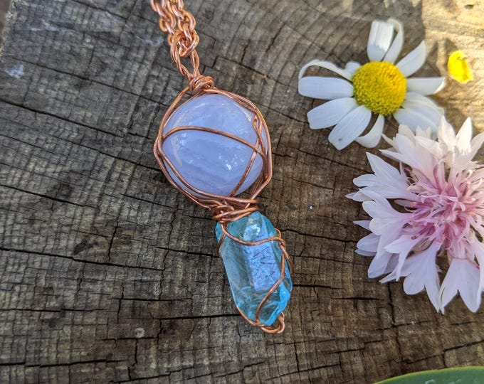 blue lace agate crystal sphere pendant with aqua aura quartz, natural high quality blue lace agate sphere, blue rainbow aura quartz pendant,