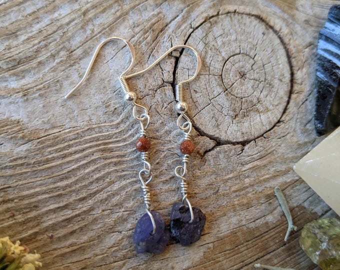 Sterling Silver Tanzanite and goldstone crystal earrings, tanzanite earrings, goldstone earrings, natural cut tanzanite crystal earrings, go
