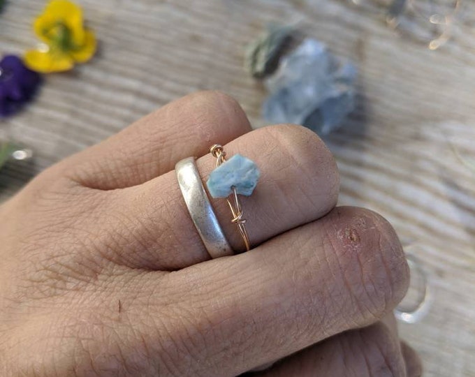 Raw rough larimar chunk ring, natural larimar ring, larimar crystal ring, larimar stone, crystal ring bronze, sterling silver larimar ring