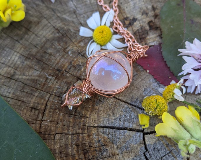 bismuth and rose aura crystal pendant, copper bismuth crystal, natural bismuth crystal, bismuth crystal necklace, g bismuth, aura sphere