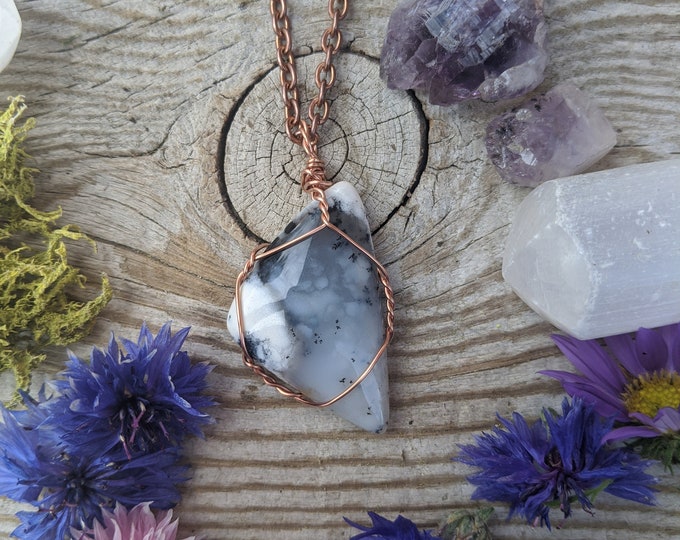 Natural Dendritic Opal Crystal Pendant, dendritic agate crystal necklace, merlinite pendant, pure copper, dendritic opal necklace