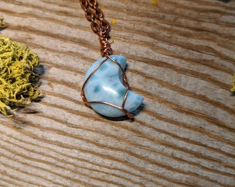 Larimar crescent moon pendant wire wrapped in solid copper, copper larimer pendant, larimar necklace, high quality larimar, small larimar mo