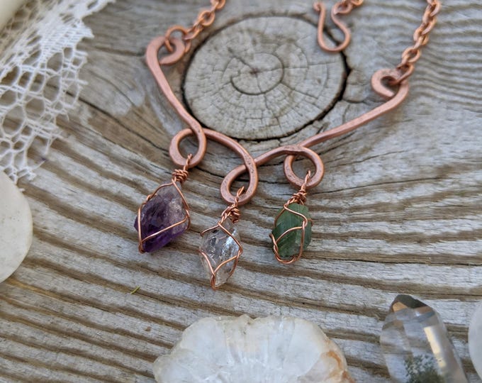 Amethyst, herkimer diamond, and green tourmaline crystal necklace, natural, raw rough crystal necklace, crystal statement necklace, raw amet