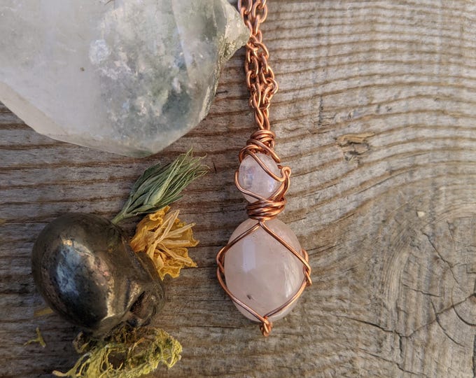 Rainbow moonstone and pink rose quartz crystal pendant, rose quartz necklace, pink quartz pendant, rainbow moonstone pendant, moonstone neck