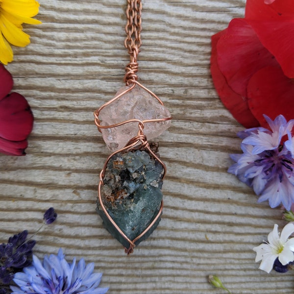 Rose quartz and fluorite crystal necklace, fluorite cluster pendant, rose quartz pendant, pink quartz pendant, rose quartz jewelry, natural