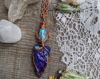 Turquoise and rainbow aura quartz crystal pendant, natural turquoise paired with aura quartz, dark blue tanzan aura quartz pendant, rainbow