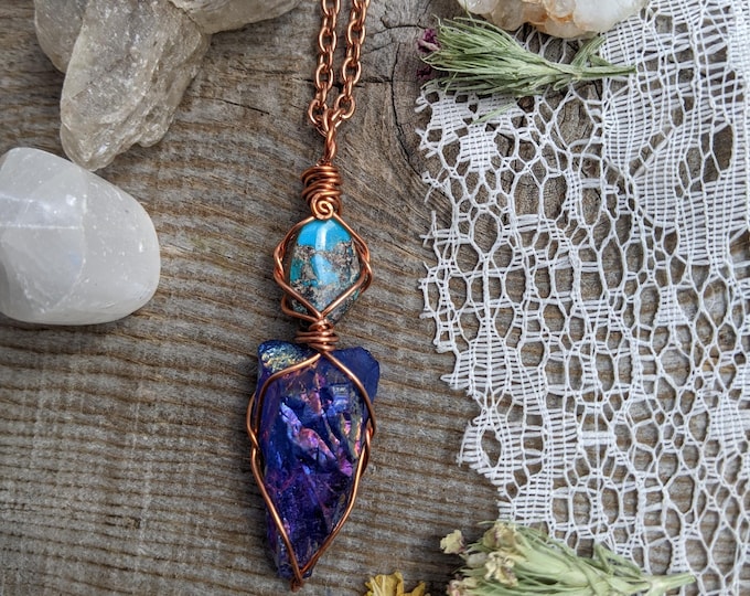 Turquoise and rainbow aura quartz crystal pendant, natural turquoise paired with aura quartz, dark blue tanzan aura quartz pendant, rainbow