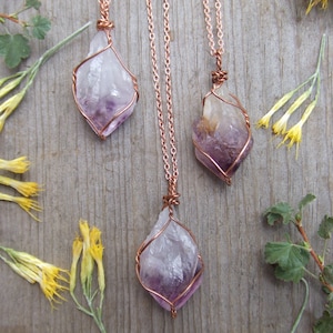 Brazilian Amethyst purple crystal point wire wrapped in pure copper pendant necklace with adjustable leather chord or copper chain raw rough