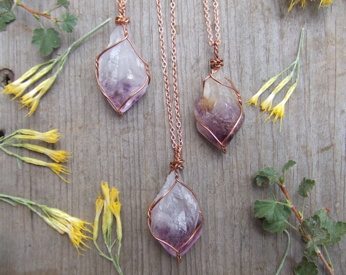 Brazilian Amethyst purple crystal point wire wrapped in pure copper pendant necklace with adjustable leather chord or copper chain raw rough