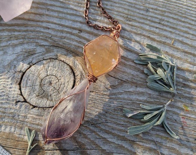 Iron rose quartz and amethyst crystal combination, amethyst pendant, rose quartz pendant, tangerine quartz pendant, natural raw rough amethy