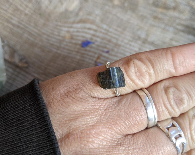 Dark green tourmaline chunk ring, raw rough natural green tourmaline ring, dark green black tourmaline ring, natural raw high quality green