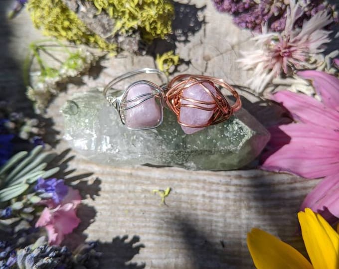Natural pink kunzite crystal ring, solid copper kunzite ring, sterling silver kunzite ring, high quality natural kunzite crystal ring