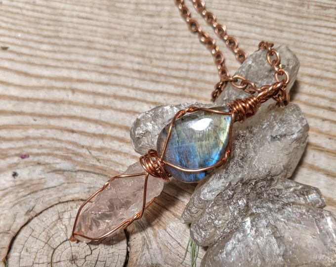 Rainbow labradorite and rose quartz crystal pendant, rose quartz crystal pendant, labradorite pendant, rainbow labradorite pendant, natural