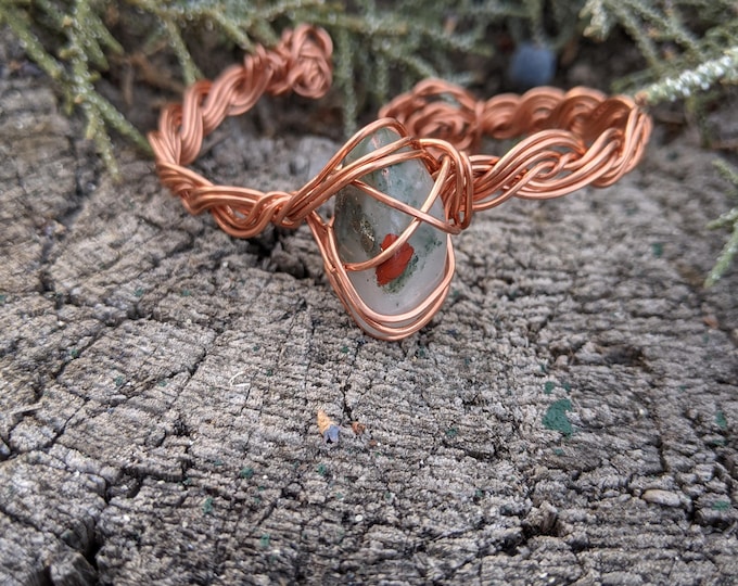 Bloodstone braded copper wire bracelet, handmade braded copper cuff bracelet, copper bead bracelet, natural copper cuff, adjustable cuff