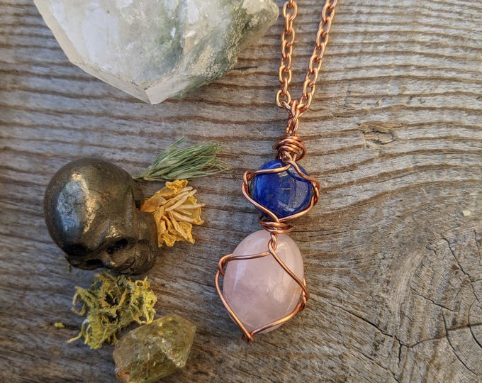 Lapis Lazuli and Rose quartz crystal pendant, natural high quality lapis full moon and rose quartz crystal pendant, pink quartz pendant, nat