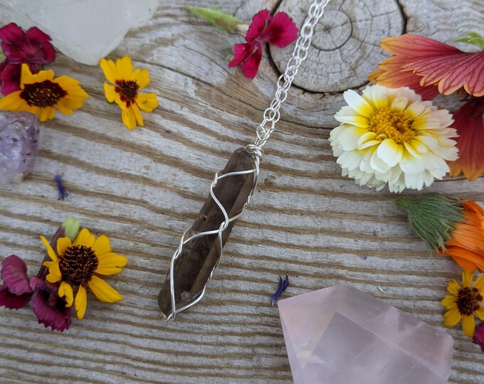 double terminated smokey quartz crystal point, smokey quartz necklace, smokey quartz pendant, smokey quartz jewelry, handmade smokey quartz