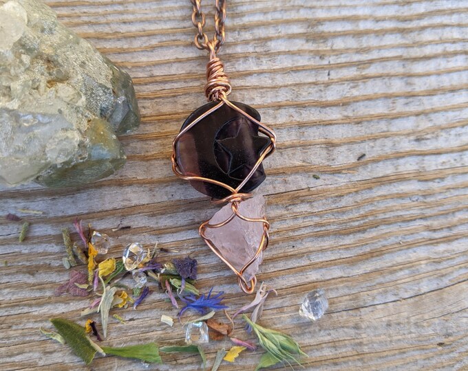high quality fluorite crescent moon and star in solid copper, natural rainbow fluorite star moon withrose quartz below it, rose quartz penda