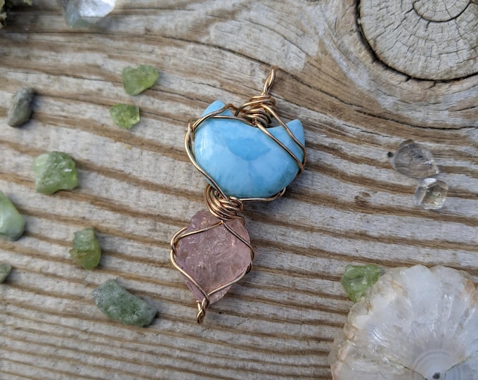 Larimar crescent moon and raw rough rose quartz crystal pendant, natural larimar pendant, natural rose quartz pendant, pink quartz pendant,