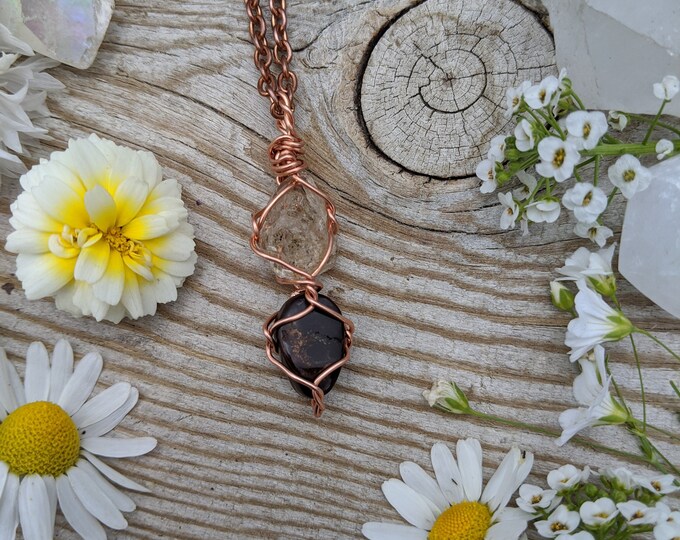 Petroleum Herkimer quartz and fire agate crystal pendant, natural uv reactive Herkimer double terminated quartz, rainbow fire agate crystal