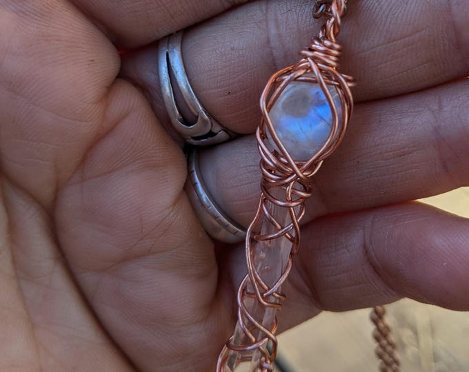 Moonstone and clear quartz crystal pendant, rainbow moonstone crystal necklace, natural high quality moonstone crystal pendant, moonstone