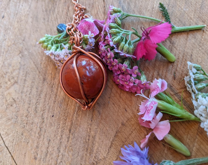 Red Jasper sphere pendant solid copper, natural red jasper crystal pendant, crystal sphere pendant, red crystal sphere pendant, natural red