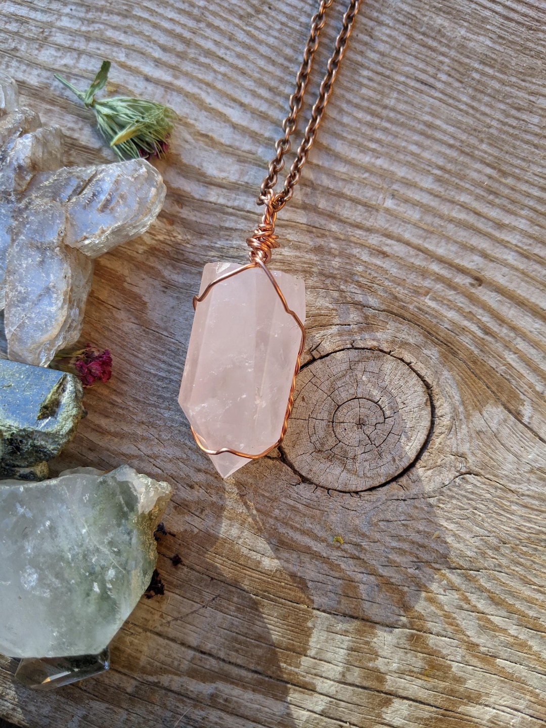 Polished Rose Quartz Crystal Point, Mini Tower Pendant, Natural