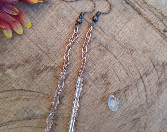 Quartz crystal drop earrings, raw quartz crystal earrings, natural clear quartz crystal earrings, copper chain crystal earrings, raw rough