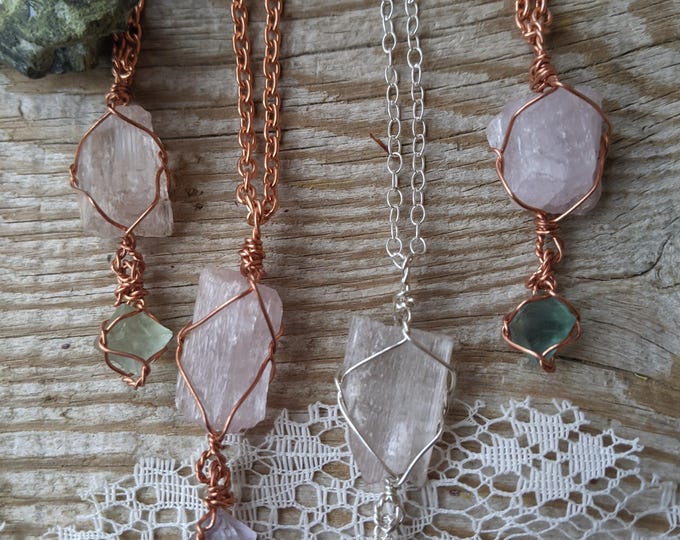 Natural raw rough Kunzite and fluorite octahedron crystal pendant, white kunzite crystal pendant, light pink and green kunzite pendant, kunz